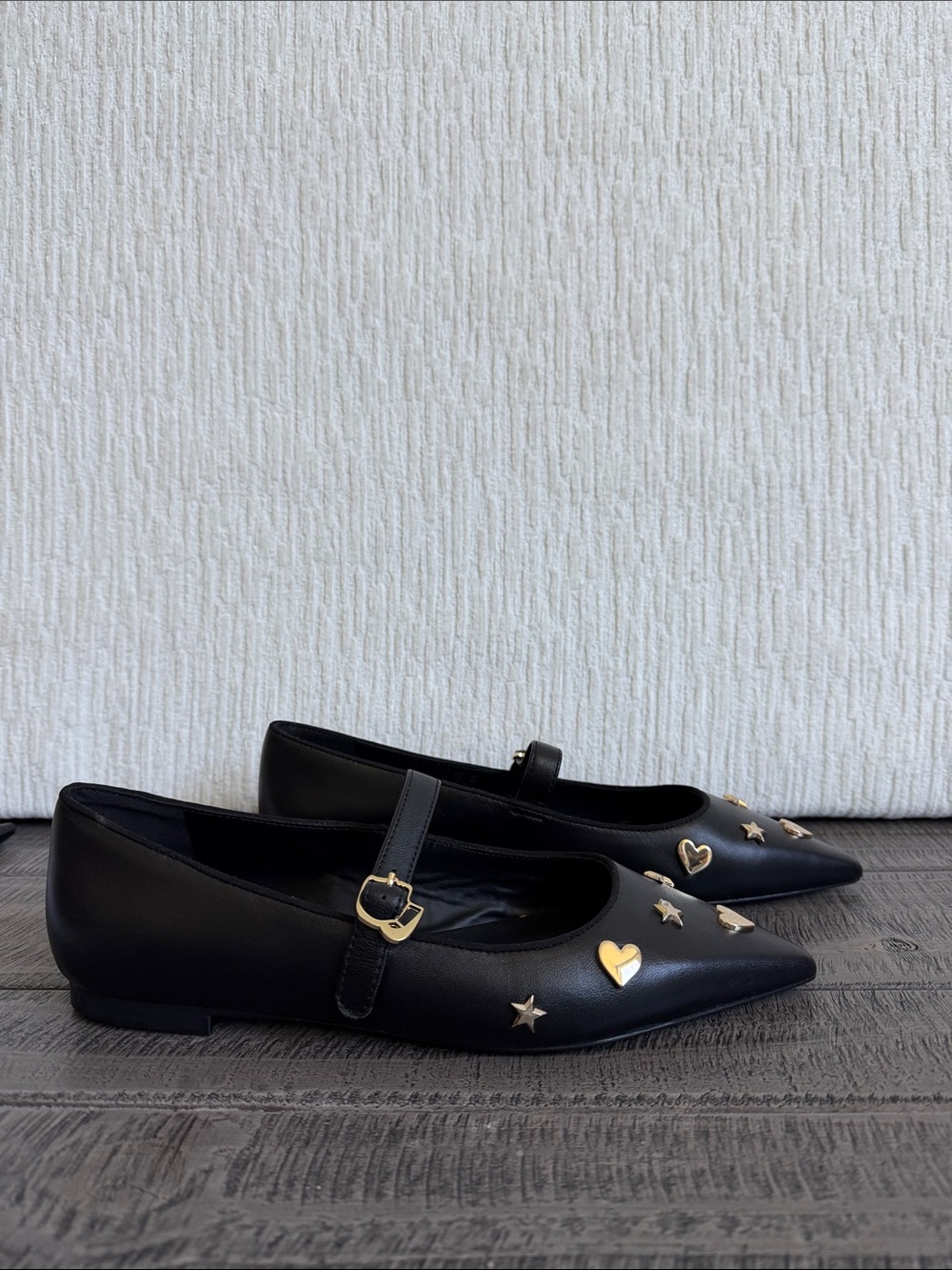 Karl Lagerfeld Paris Black Veyda-Mary Jane Flats w/ Gold Star & Heart Studs NIB